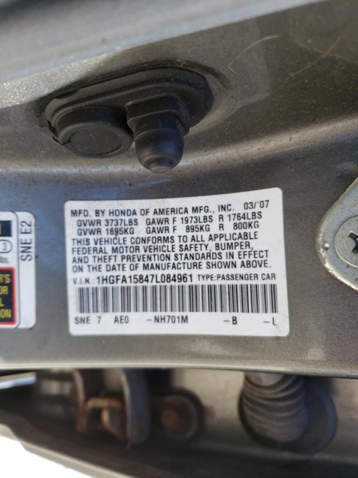 Photo 10 from auction – 2007 HONDA CIVIC EX with VIN 1HGFA15847L084961