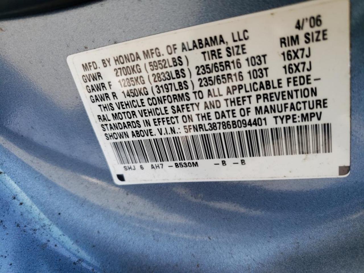 Photo 10 from auction – 2006 HONDA ODYSSEY EX with VIN 5FNRL38786B094401