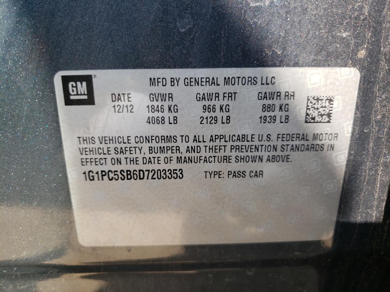 Photo 11 from auction – 2013 CHEVROLET CRUZE LT with VIN 1G1PC5SB6D7203353