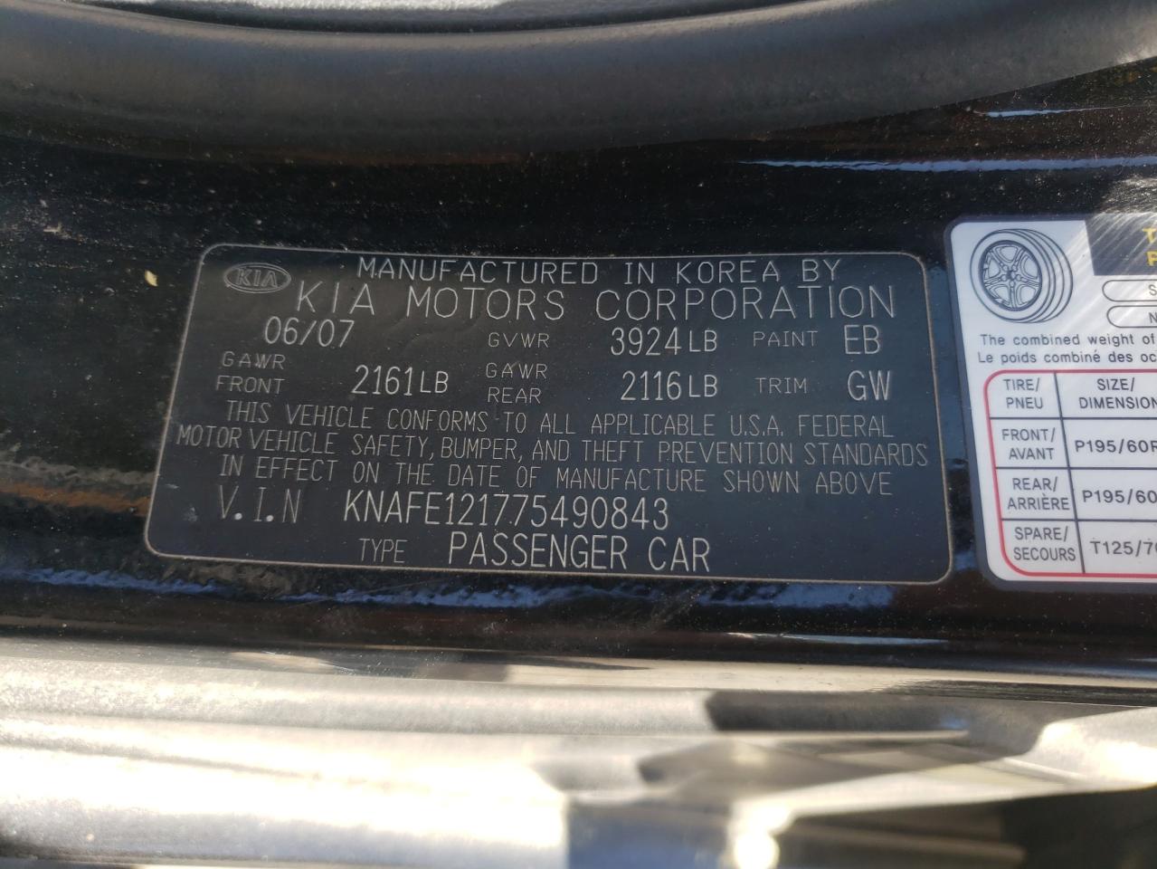 Photo 10 from auction – 2007 KIA SPECTRA EX with VIN KNAFE121775490843