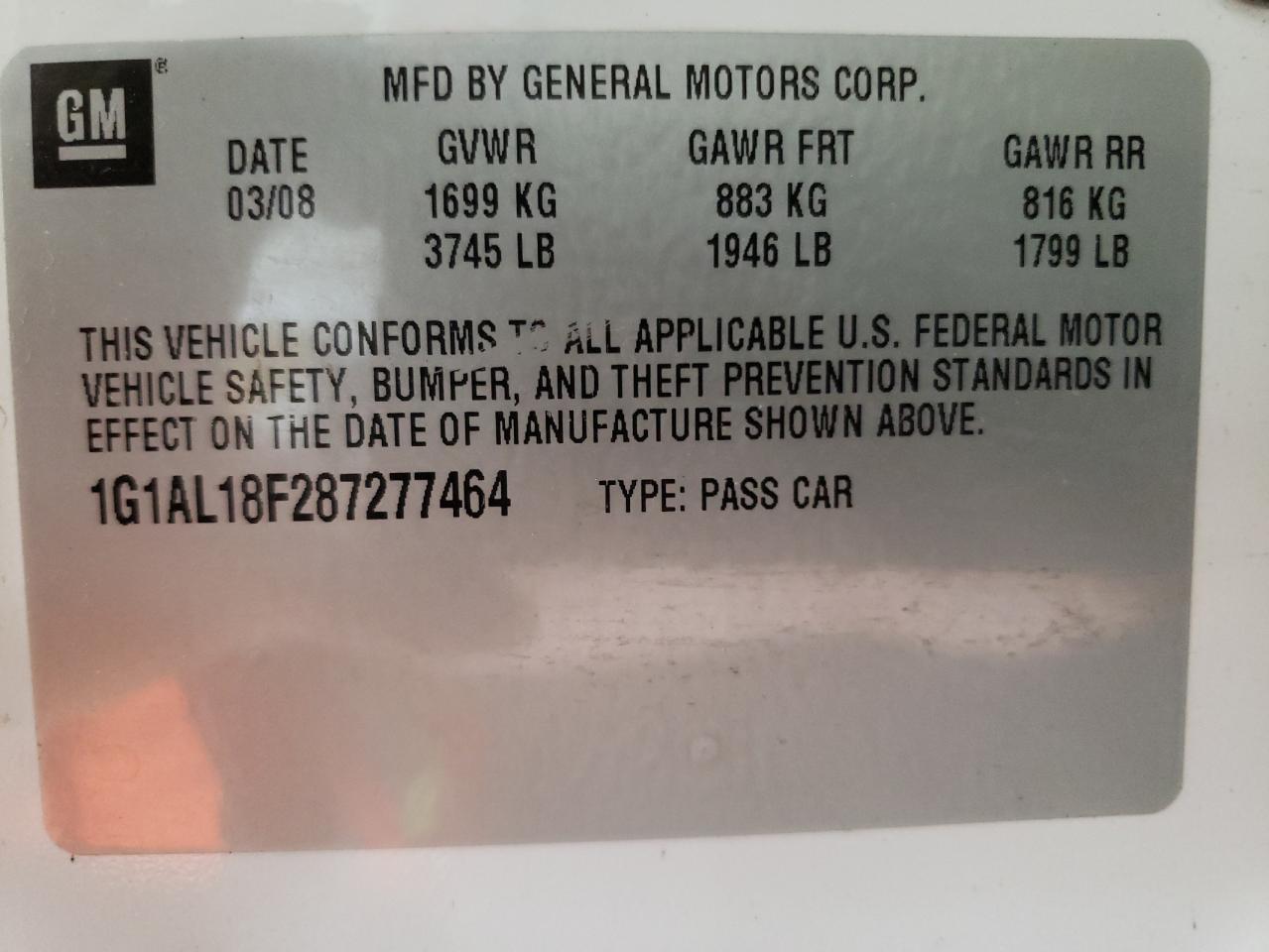 Photo 10 from auction – 2008 CHEVROLET COBALT LT with VIN 1G1AL18F287277464