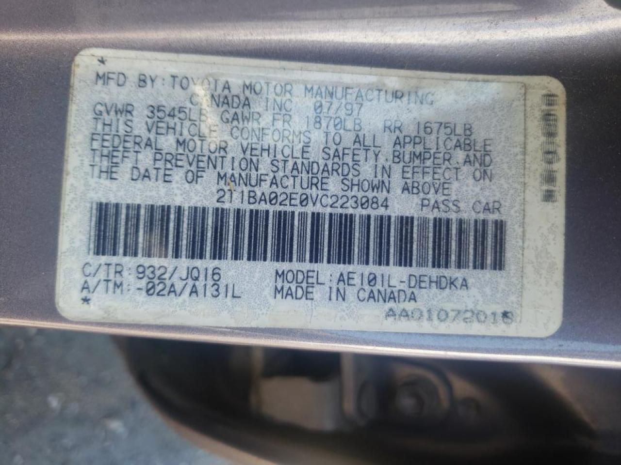 Photo 10 from auction – 1997 TOYOTA COROLLA BA with VIN 2T1BA02E0VC223084