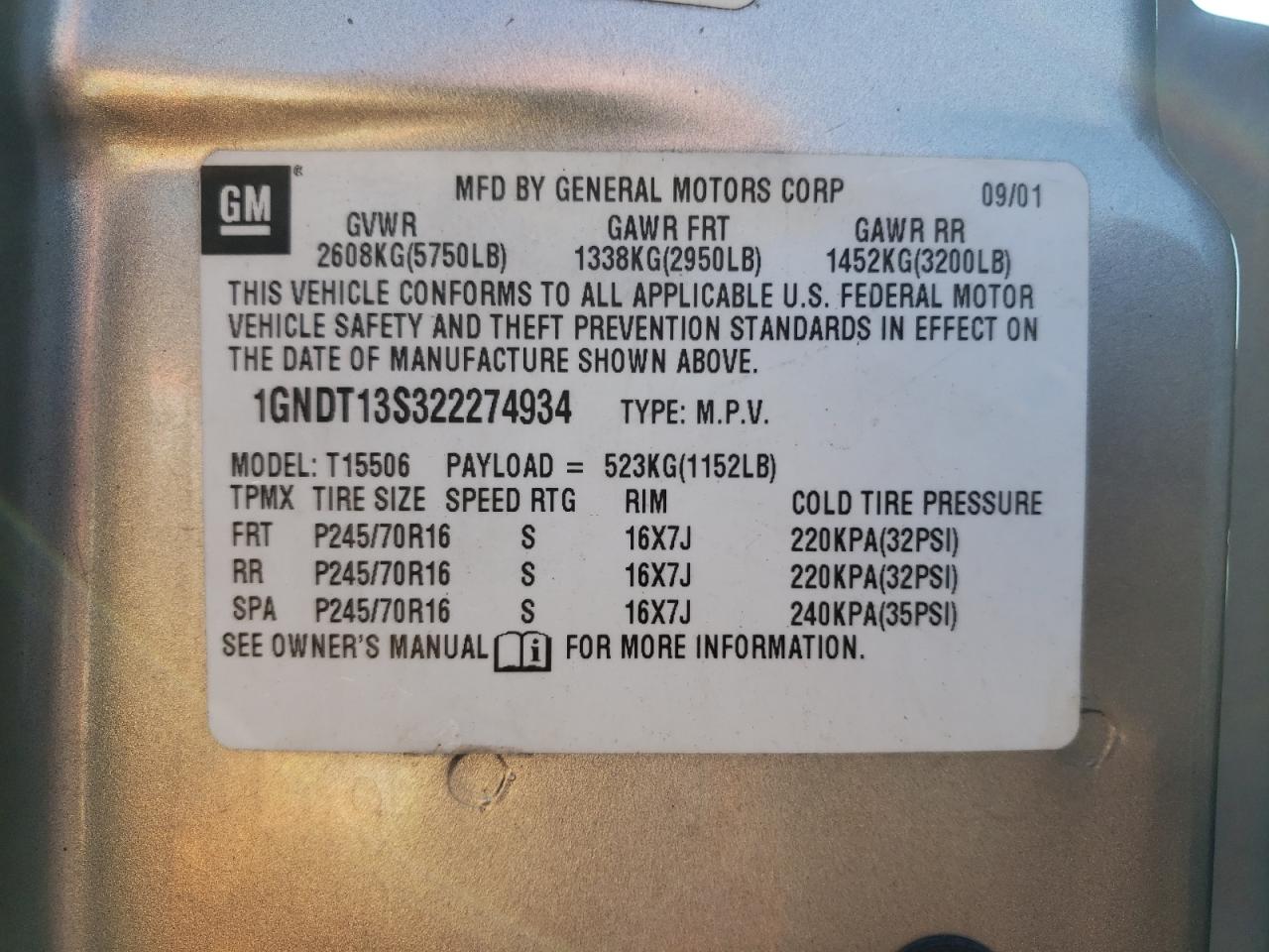 Photo 20 from auction – 2002 CHEVROLET TRAILBLAZE with VIN 1GNDT13S322274934
