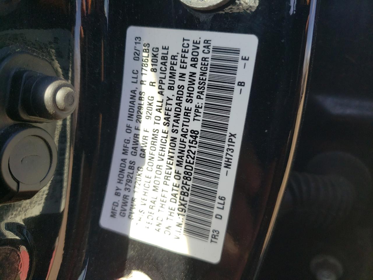 Photo 11 from auction – 2013 HONDA CIVIC EX with VIN 19XFB2F88DE221548