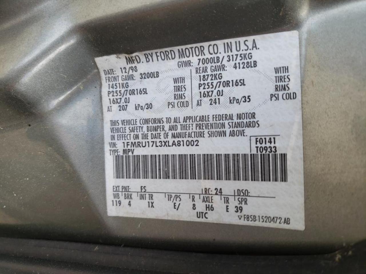 Photo 10 from auction – 1999 FORD EXPEDITION with VIN 1FMRU17L3XLA81002