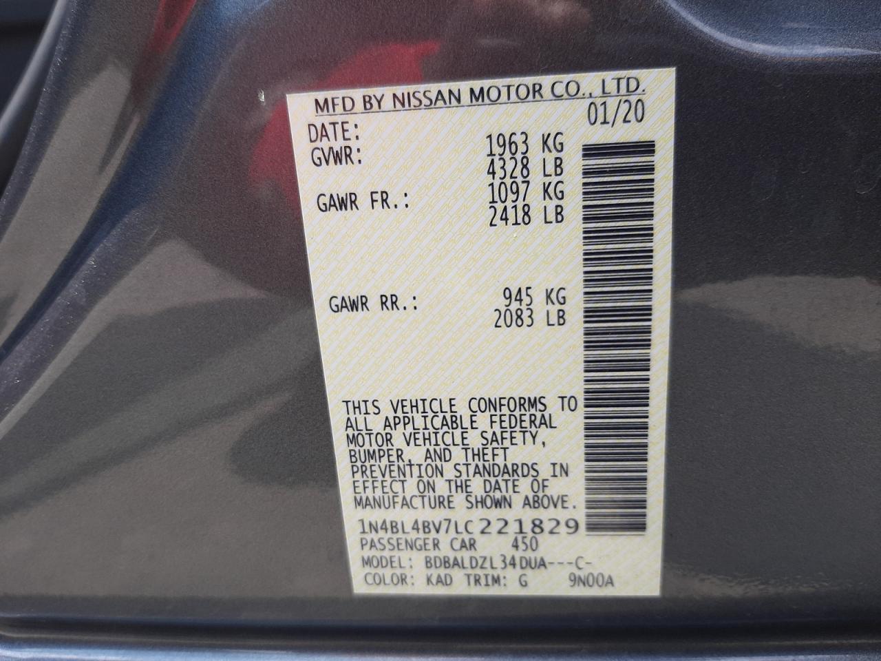 Photo 10 from auction – 2020 NISSAN ALTIMA S with VIN 1N4BL4BV7LC221829