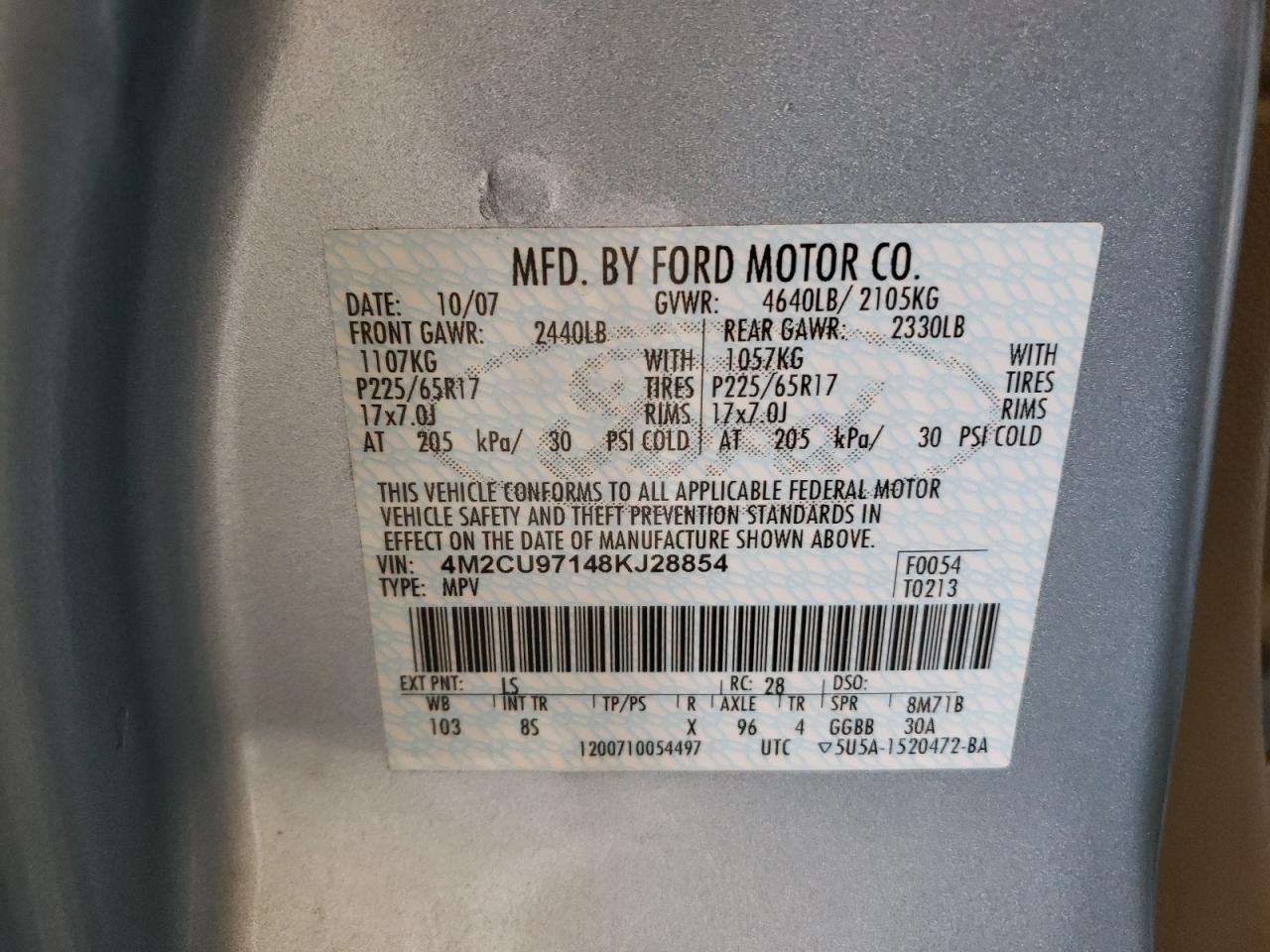 Photo 10 from auction – 2008 MERCURY MARINER PR with VIN 4M2CU97148KJ28854