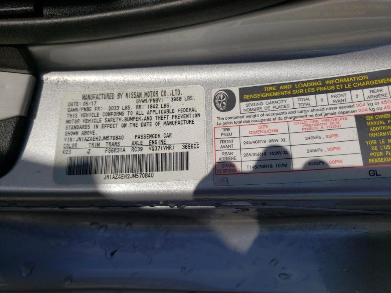 Photo 10 from auction – 2018 NISSAN 370Z BASE with VIN JN1AZ4EH2JM570840