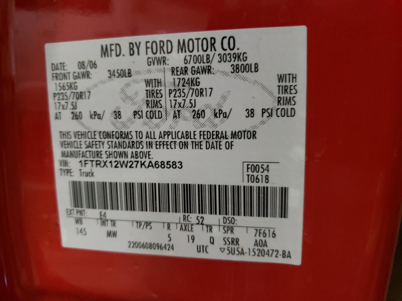 Photo 10 from auction – 2007 FORD F150 with VIN 1FTRX12W27KA68583