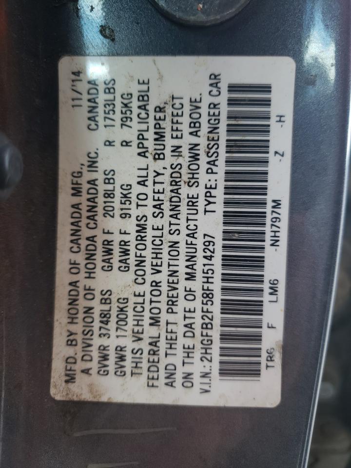 Photo 10 from auction – 2015 HONDA CIVIC LX with VIN 2HGFB2F58FH514297