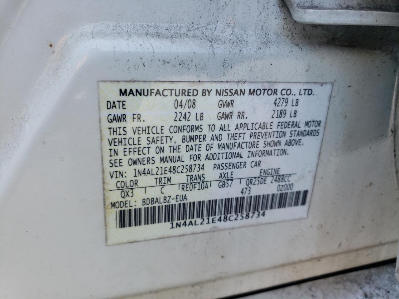 Photo 10 from auction – 2008 NISSAN ALTIMA 2.5 with VIN 1N4AL21E48C258734