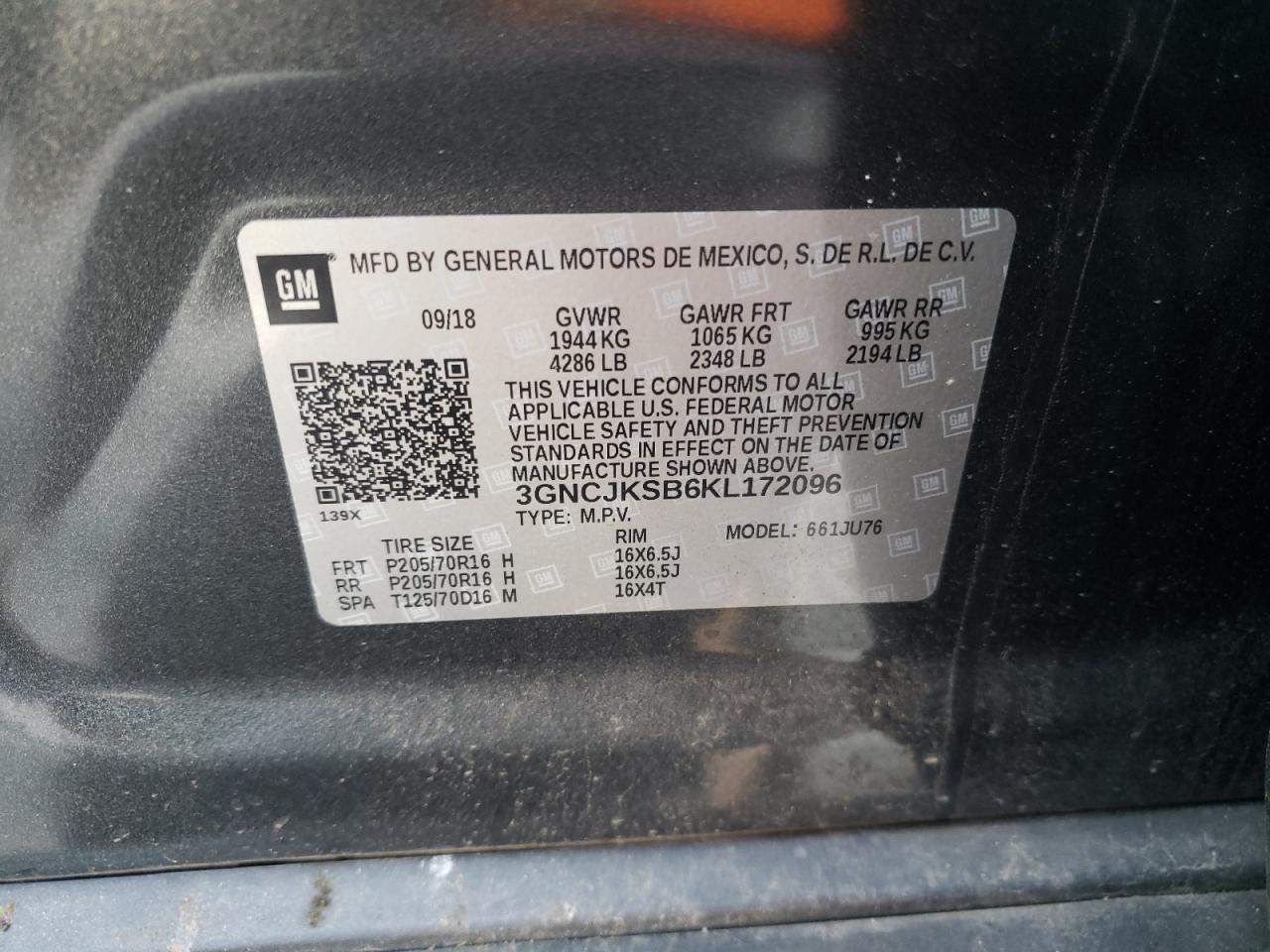 Photo 10 from auction – 2019 CHEVROLET TRAX LS with VIN 3GNCJKSB6KL172096