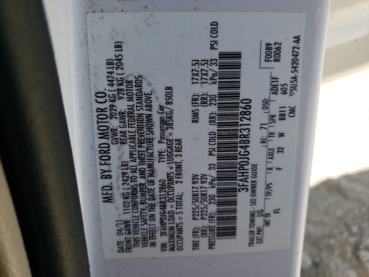 Photo 10 from auction – 2011 FORD FUSION SEL with VIN 3FAHP0JG4BR312860