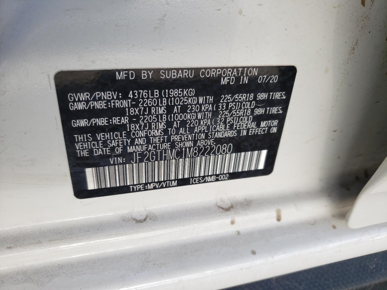Photo 10 from auction – 2021 SUBARU CROSSTREK with VIN JF2GTHMC1M8222080