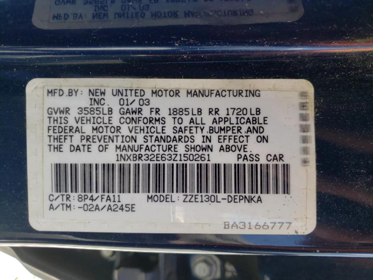 Photo 10 from auction – 2003 TOYOTA COROLLA CE with VIN 1NXBR32E63Z150261