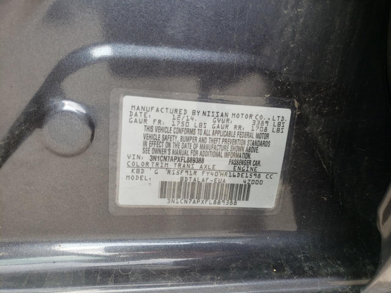Photo 10 from auction – 2015 NISSAN VERSA S with VIN 3N1CN7APXFL889388