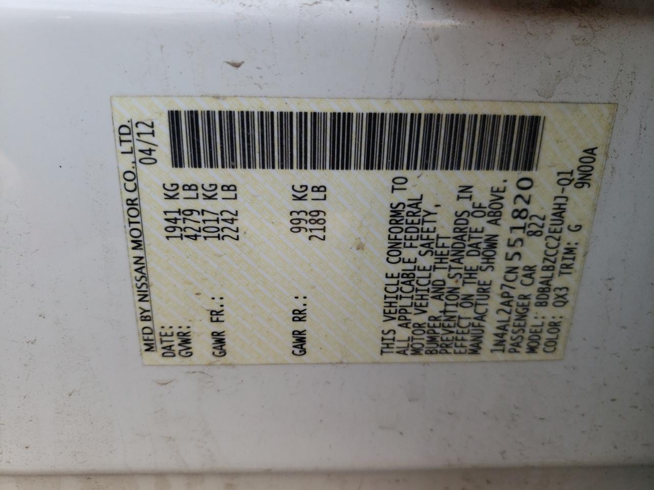 Photo 10 from auction – 2012 NISSAN ALTIMA BAS with VIN 1N4AL2AP7CN551820