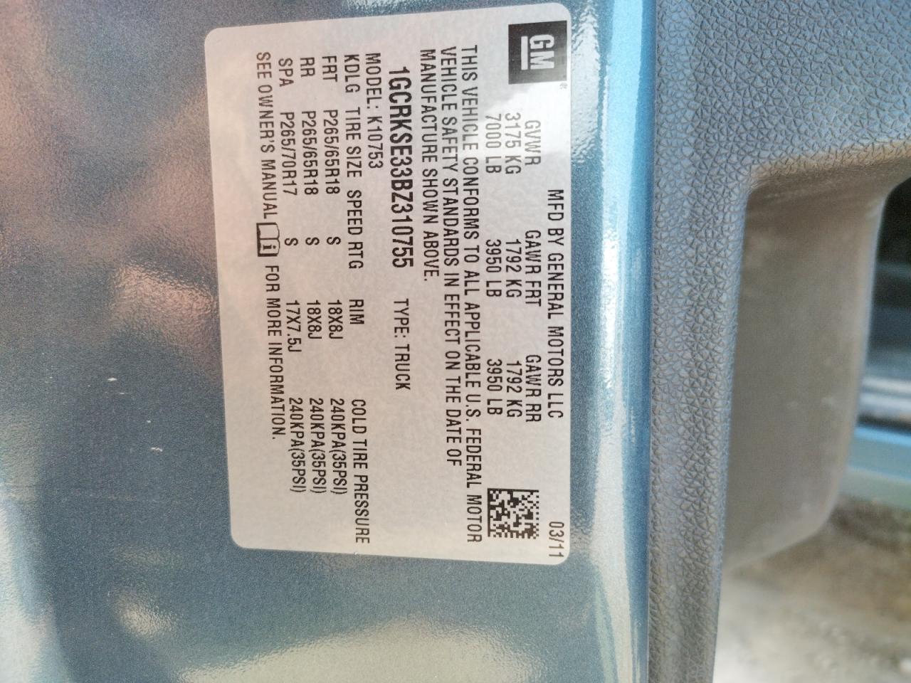 Photo 10 from auction – 2011 CHEVROLET SILVERADO with VIN 1GCRKSE33BZ310755