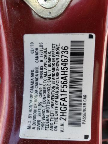 Photo 10 from auction – 2010 HONDA CIVIC LX with VIN 2HGFA1F56AH546736