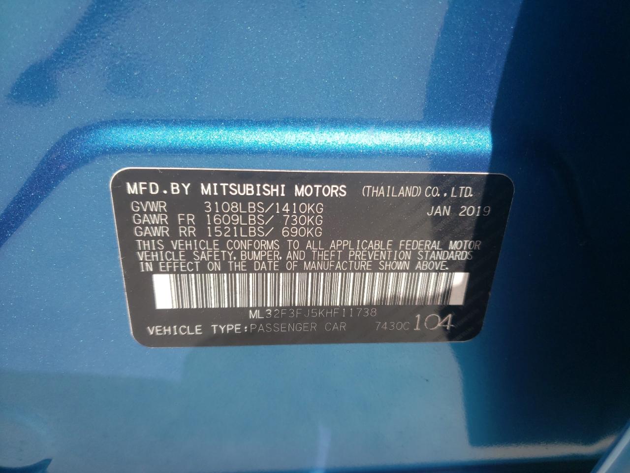 Photo 10 from auction – 2019 MITSUBISHI MIRAGE G4 with VIN ML32F3FJ5KHF11738
