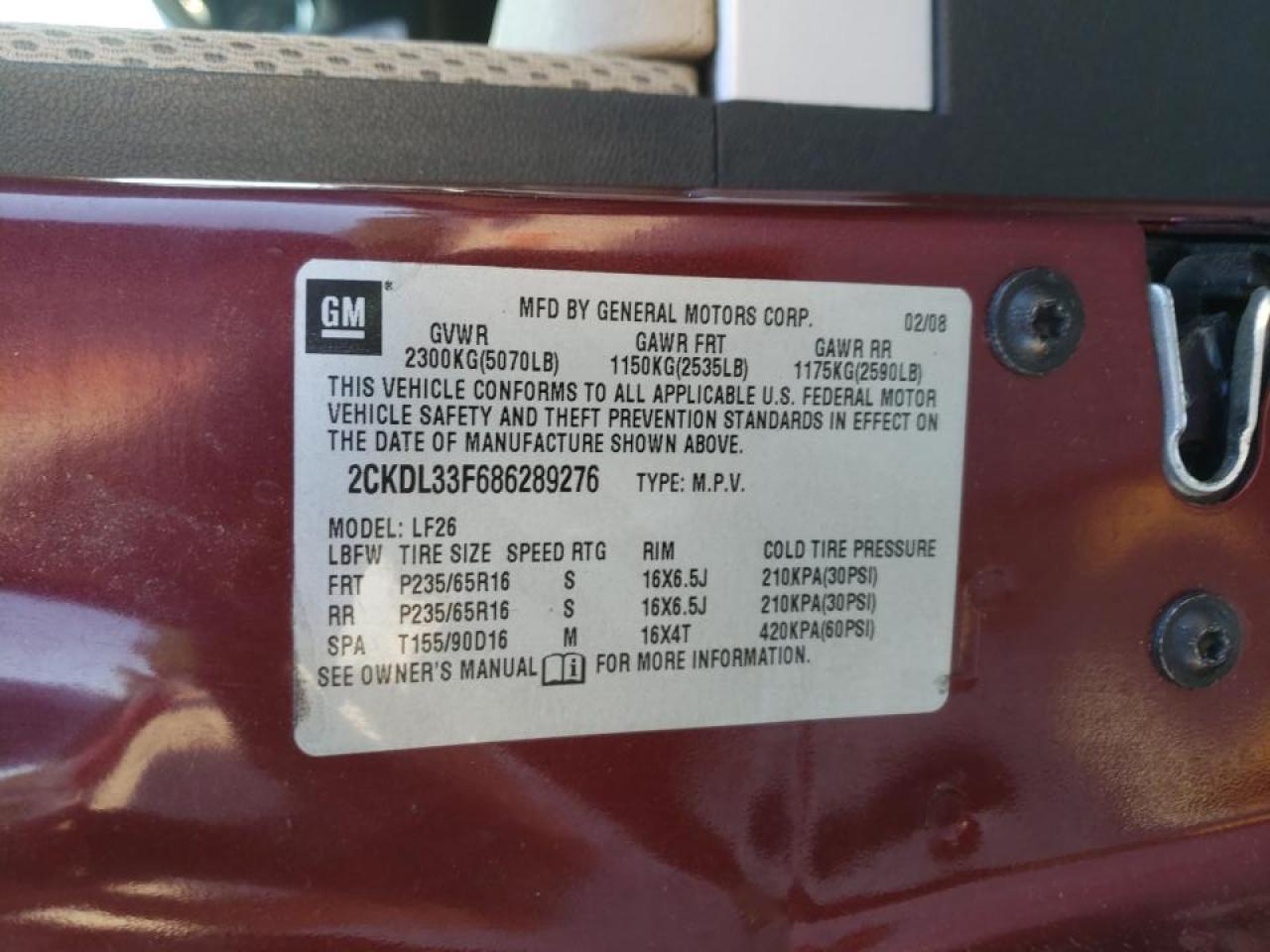 Photo 10 from auction – 2008 PONTIAC TORRENT with VIN 2CKDL33F686289276