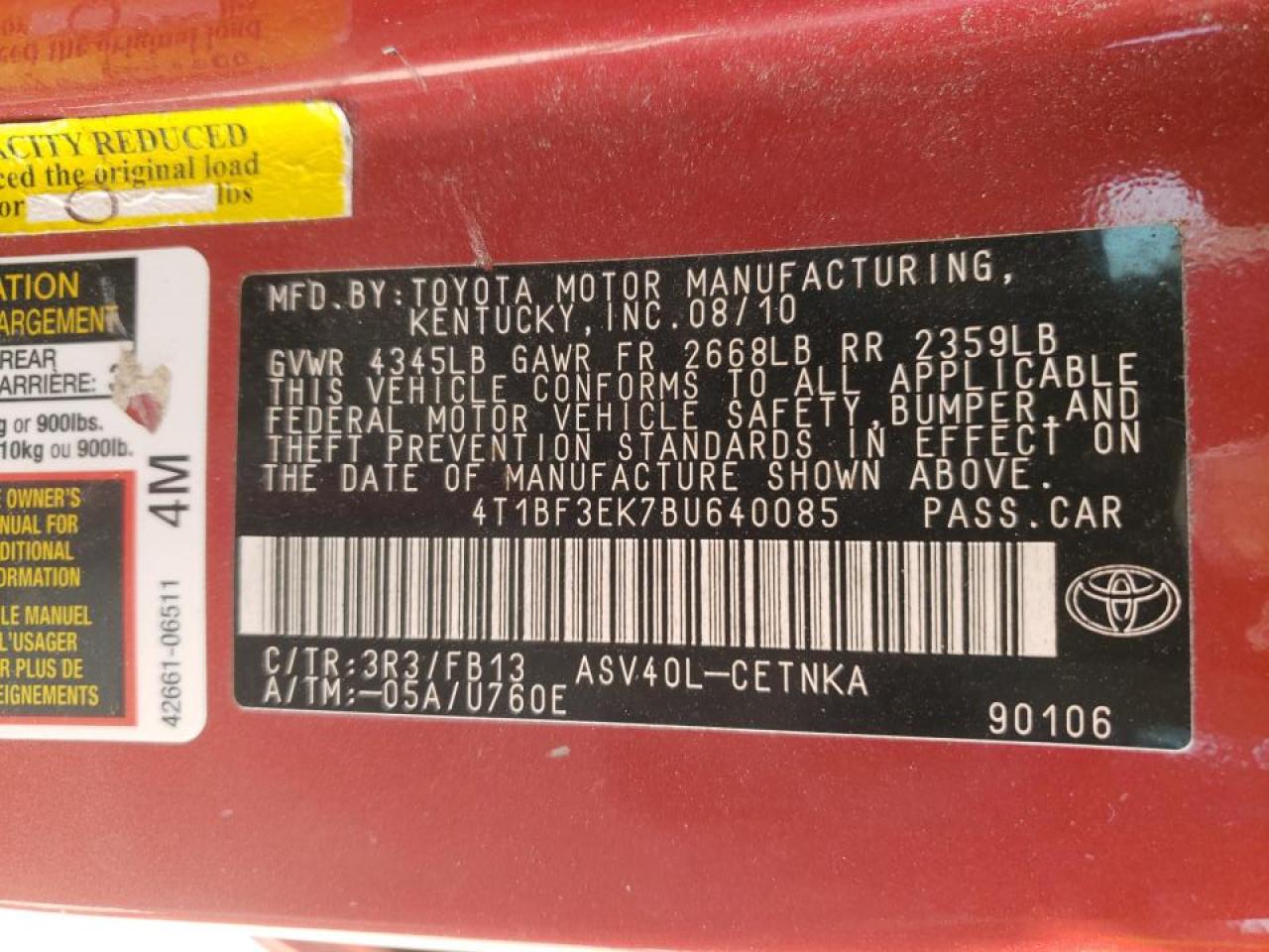 Photo 10 from auction – 2011 TOYOTA CAMRY BASE with VIN 4T1BF3EK7BU640085