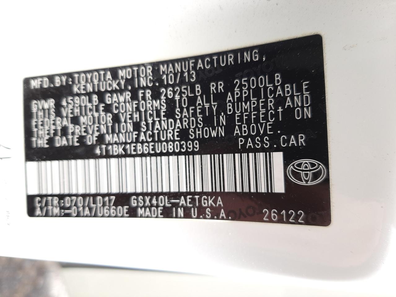 Photo 10 from auction – 2014 TOYOTA AVALON BAS with VIN 4T1BK1EB6EU080399