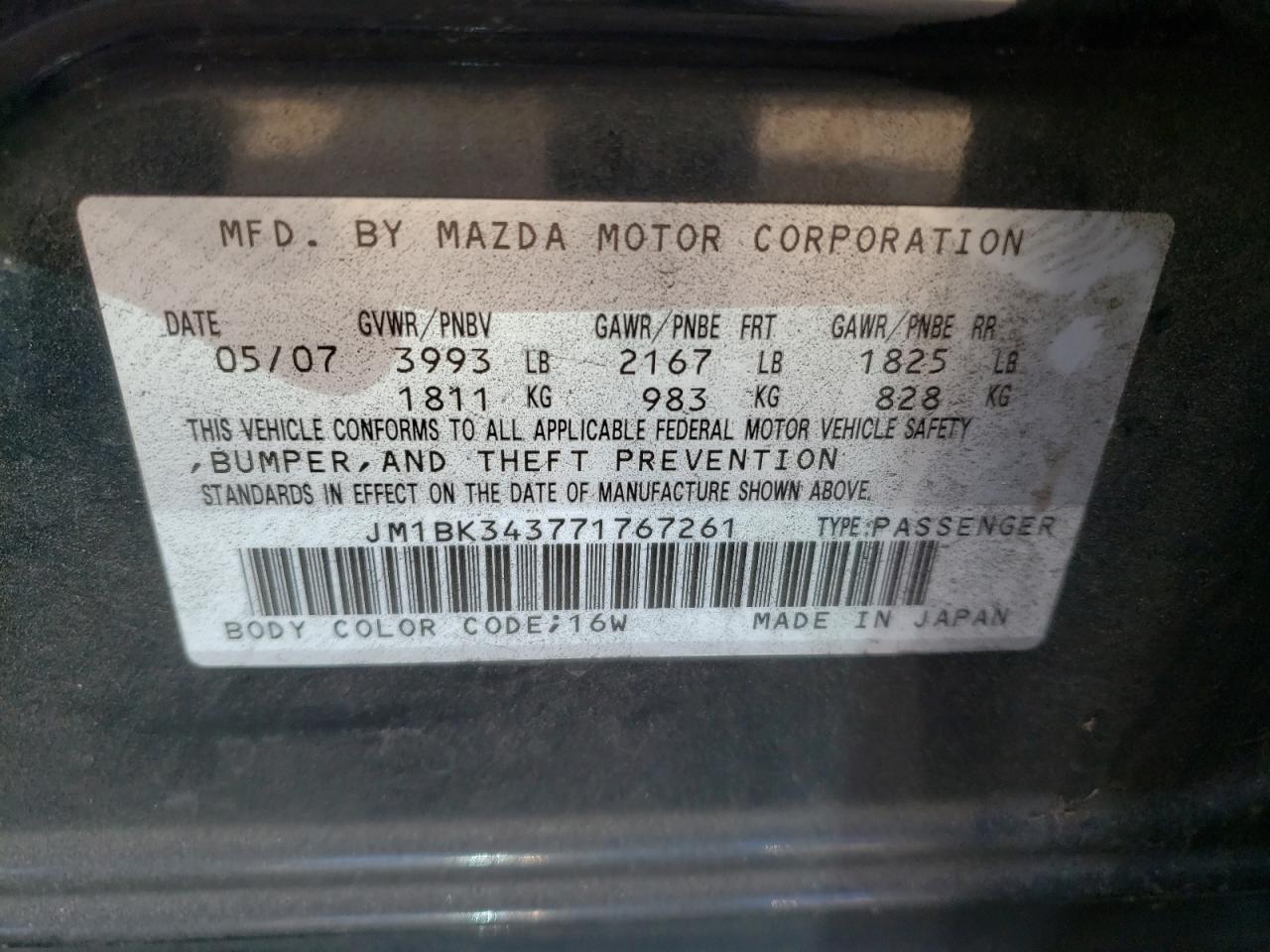 Photo 10 from auction – 2007 MAZDA 3 HATCHBAC with VIN JM1BK343771767261