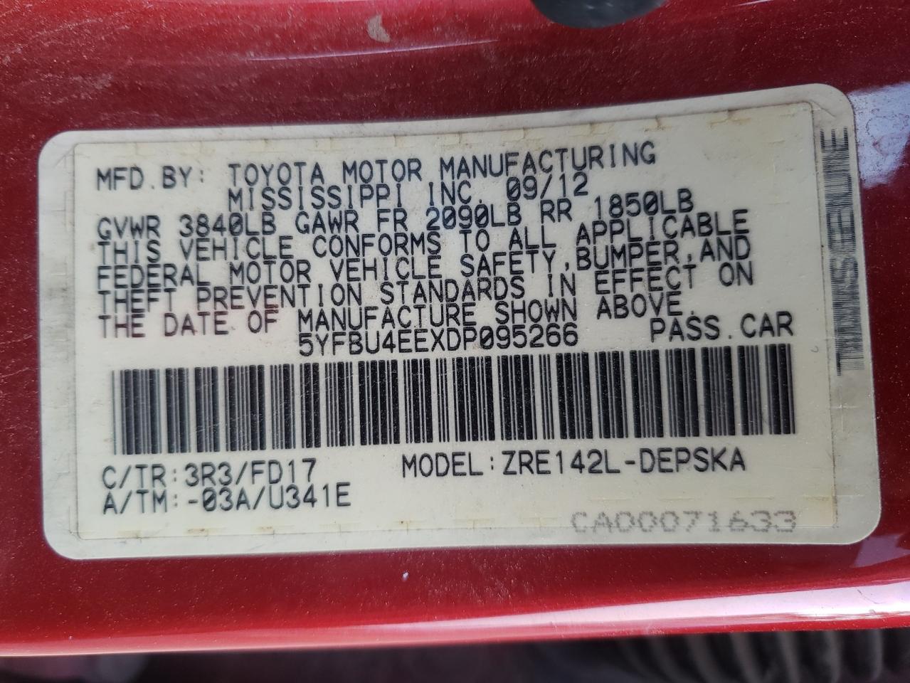 Photo 10 from auction – 2013 TOYOTA COROLLA with VIN 5YFBU4EEXDP095266