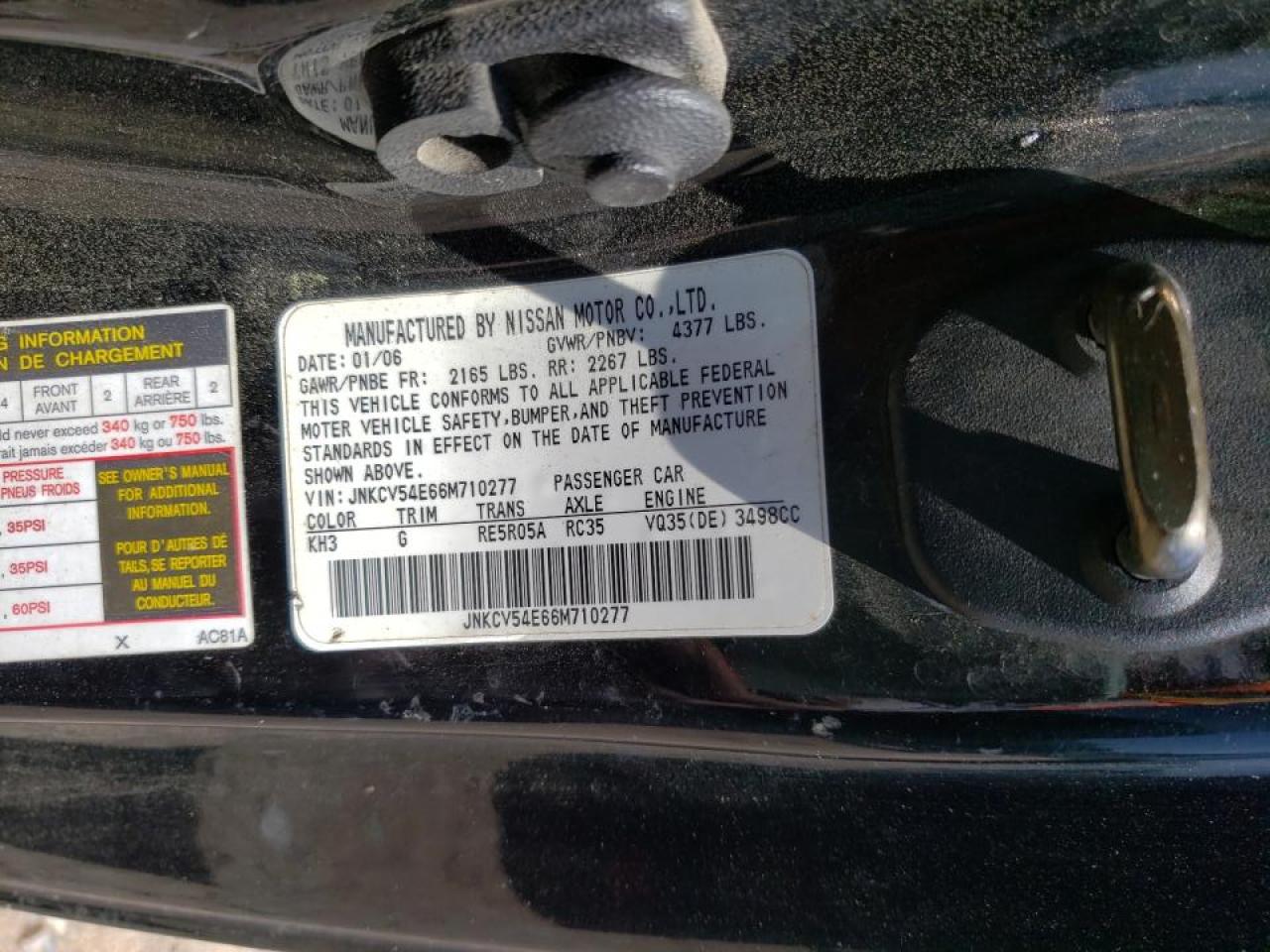 Photo 10 from auction – 2006 INFINITI G35 with VIN JNKCV54E66M710277