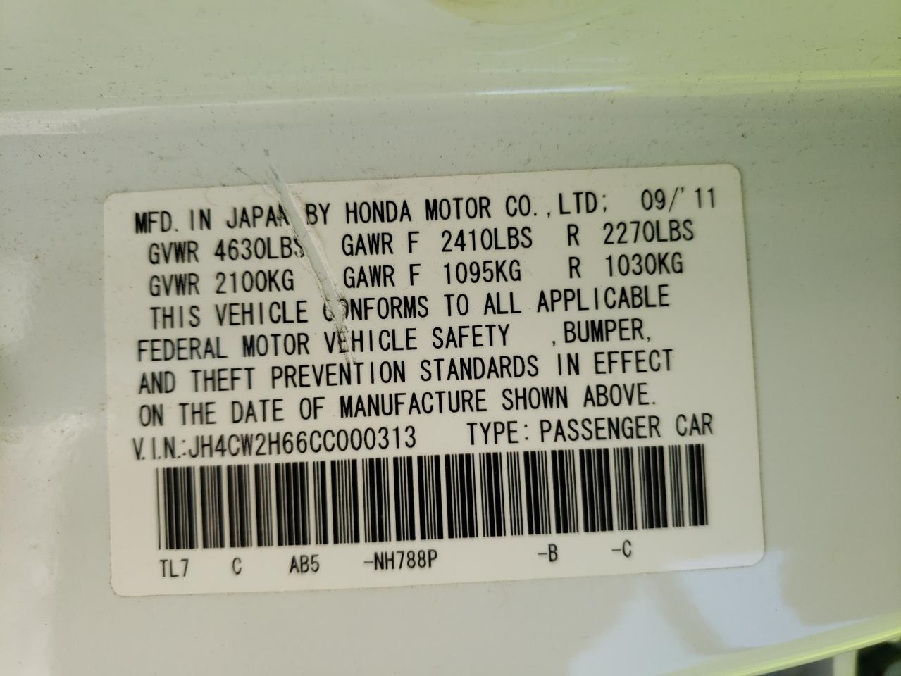 Photo 10 from auction – 2012 ACURA TSX TECH with VIN JH4CW2H66CC000313