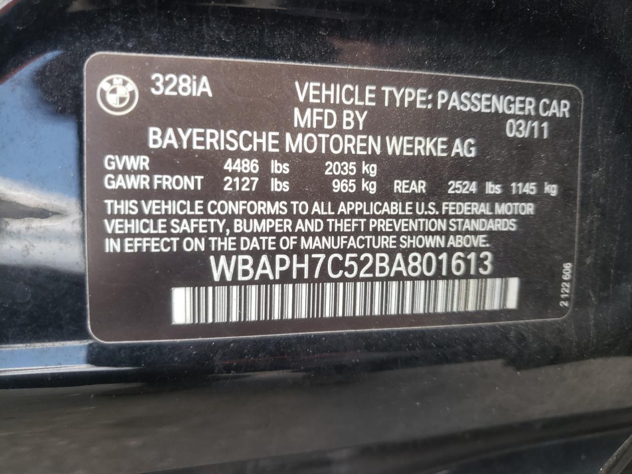 Photo 10 from auction – 2011 BMW 328 I with VIN WBAPH7C52BA801613