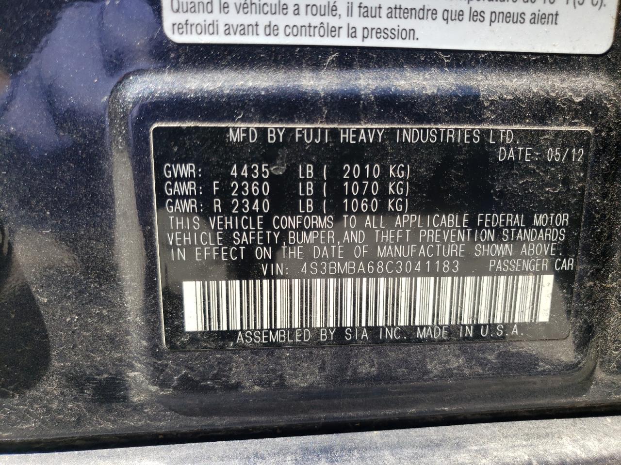 Photo 10 from auction – 2012 SUBARU LEGACY 2.5 with VIN 4S3BMBA68C3041183