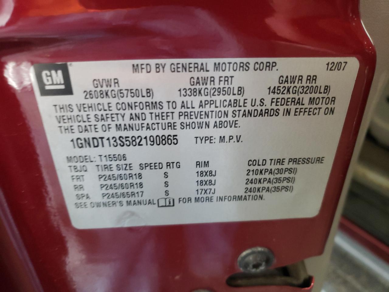 Photo 10 from auction – 2008 CHEVROLET TRAILBLAZE with VIN 1GNDT13S582190865