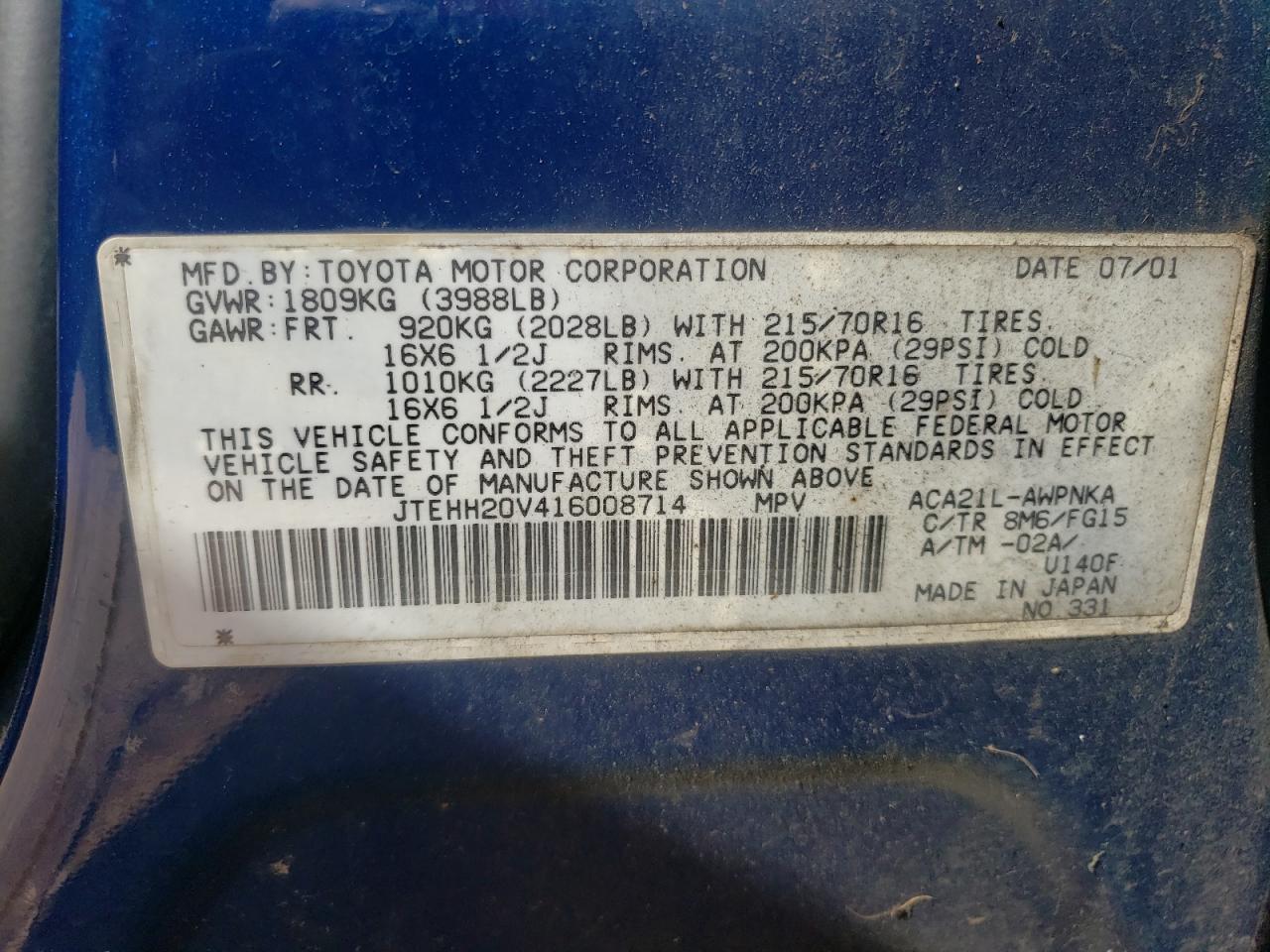 Photo 10 from auction – 2001 TOYOTA RAV4 with VIN JTEHH20V416008714