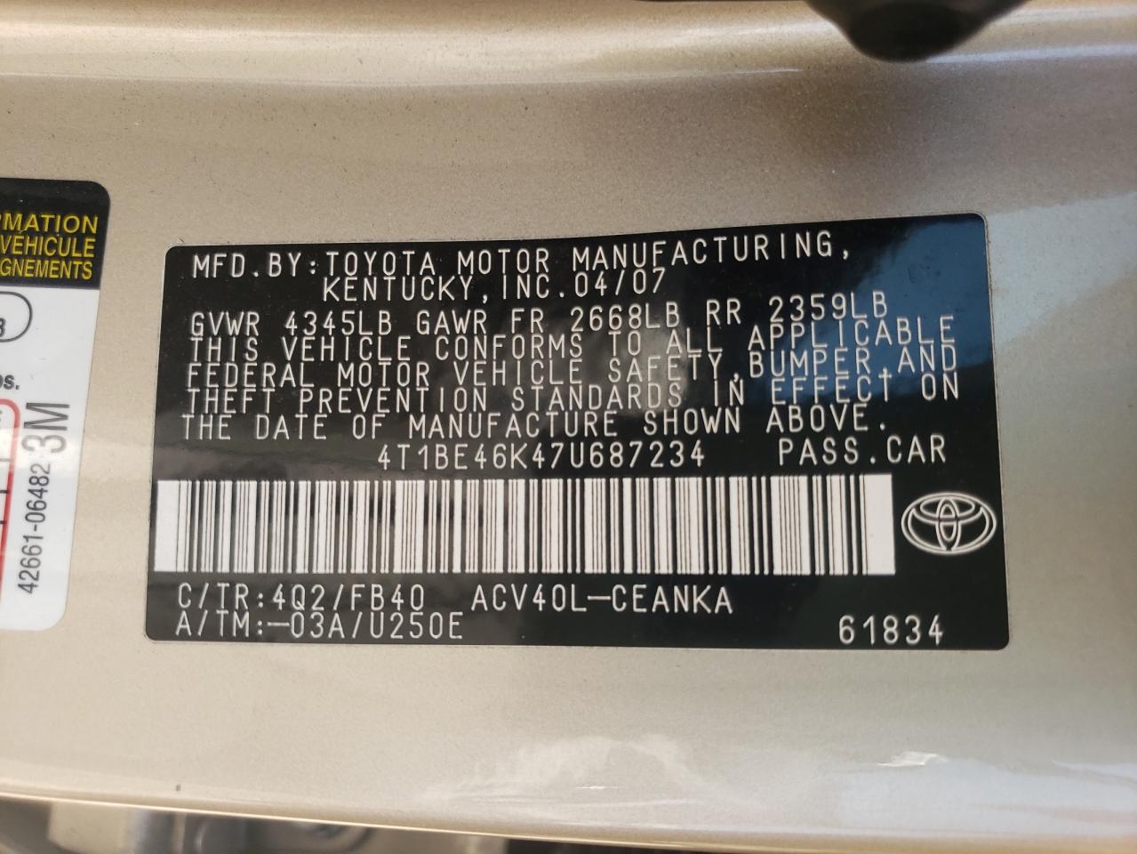 Photo 10 from auction – 2007 TOYOTA CAMRY CE with VIN 4T1BE46K47U687234