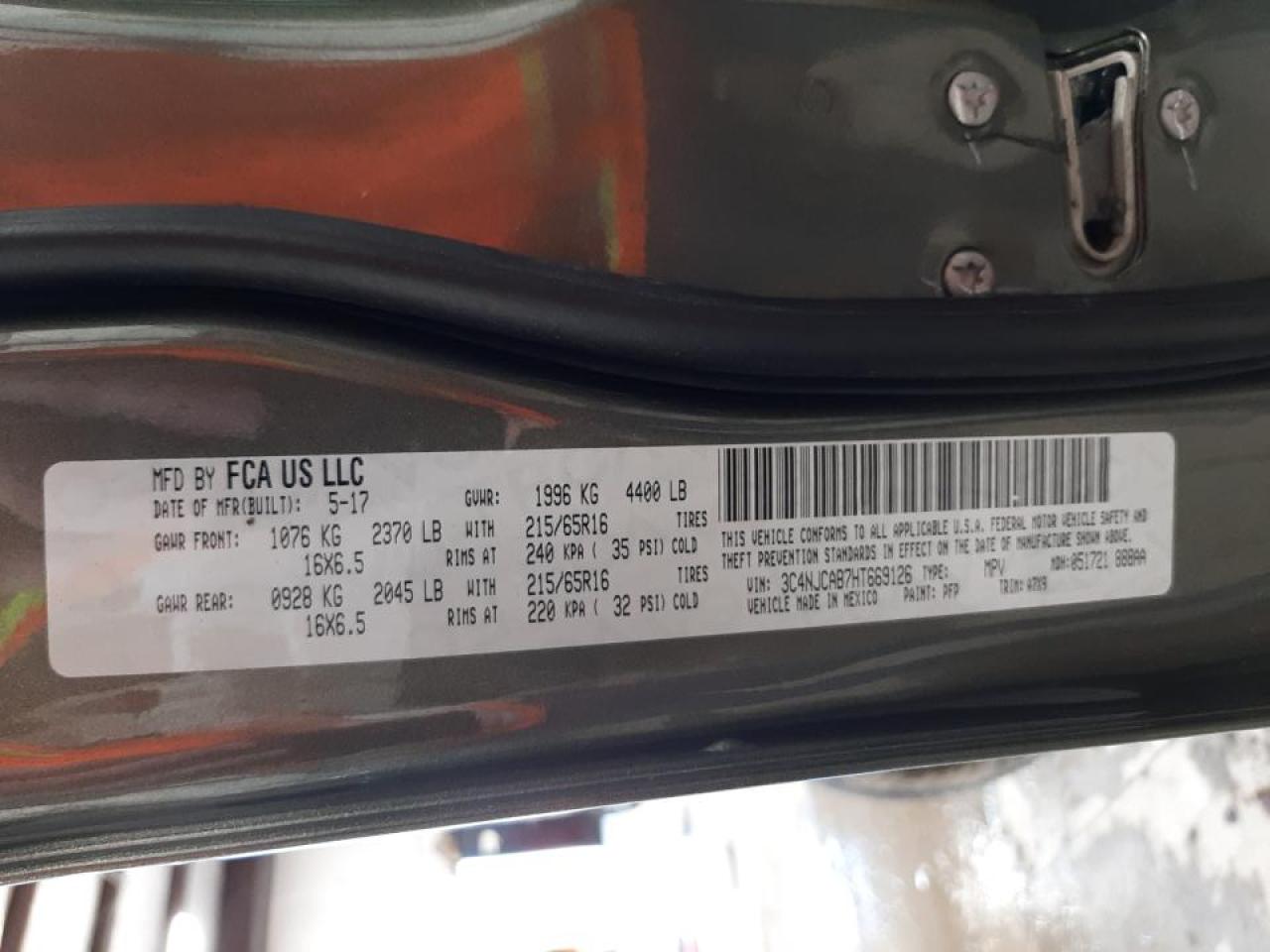 Photo 10 from auction – 2017 JEEP COMPASS SP with VIN 3C4NJCAB7HT669126