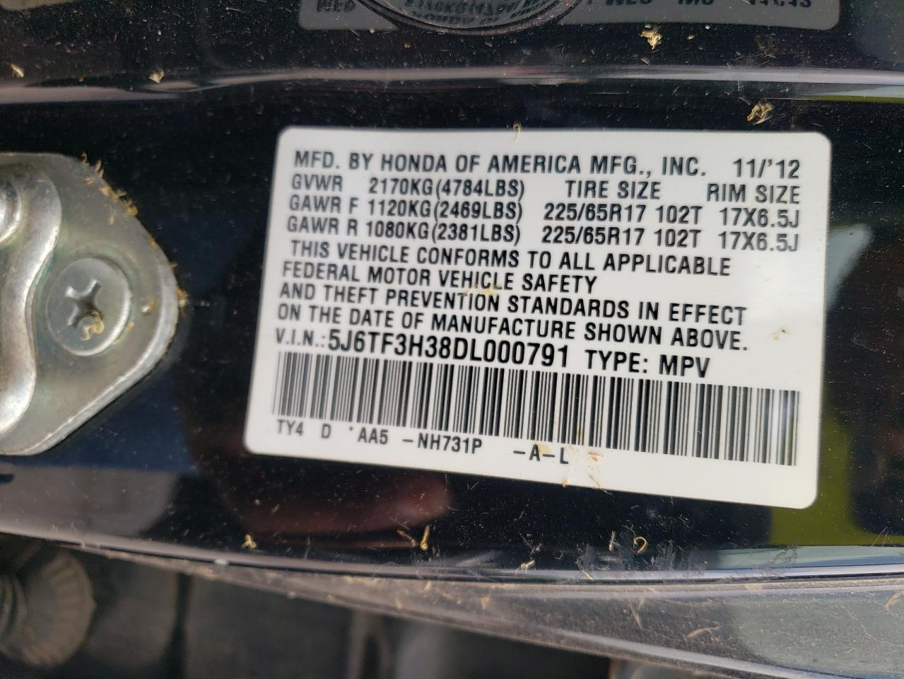 Photo 10 from auction – 2013 HONDA CROSSTOUR with VIN 5J6TF3H38DL000791
