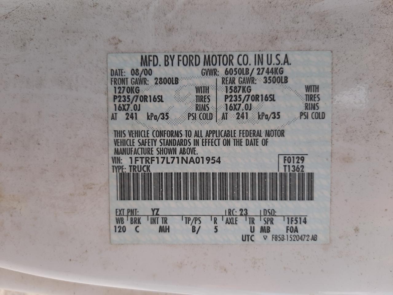 Photo 10 from auction – 2001 FORD F150 with VIN 1FTRF17L71NA01954