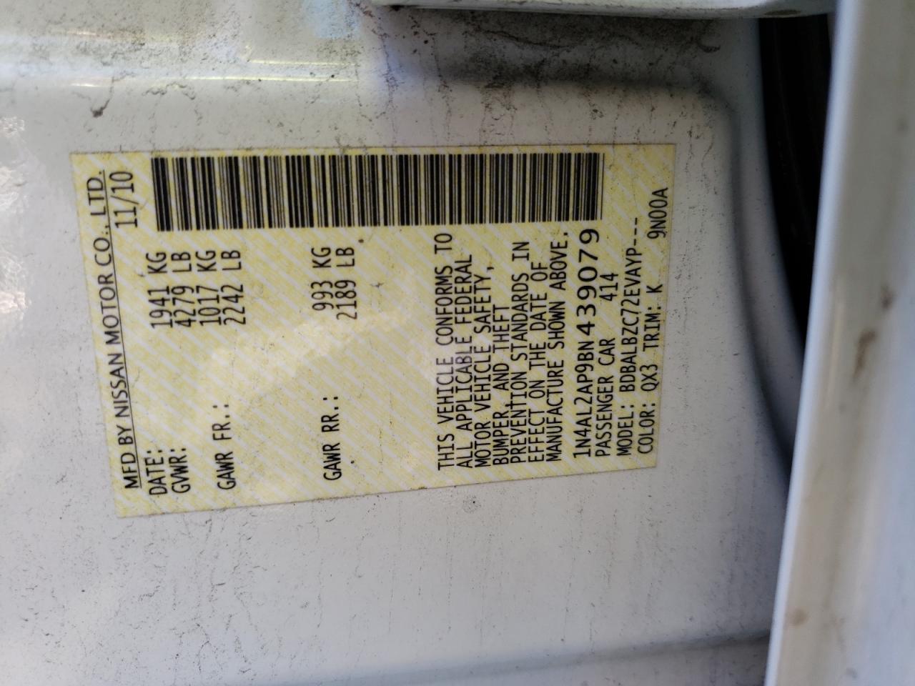 Photo 10 from auction – 2011 NISSAN ALTIMA BAS with VIN 1N4AL2AP9BN439079