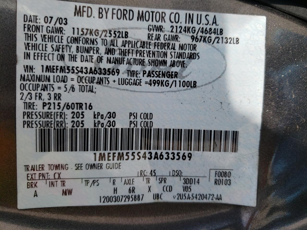 Photo 10 from auction – 2003 MERCURY SABLE LS P with VIN 1MEFM55S43A633569