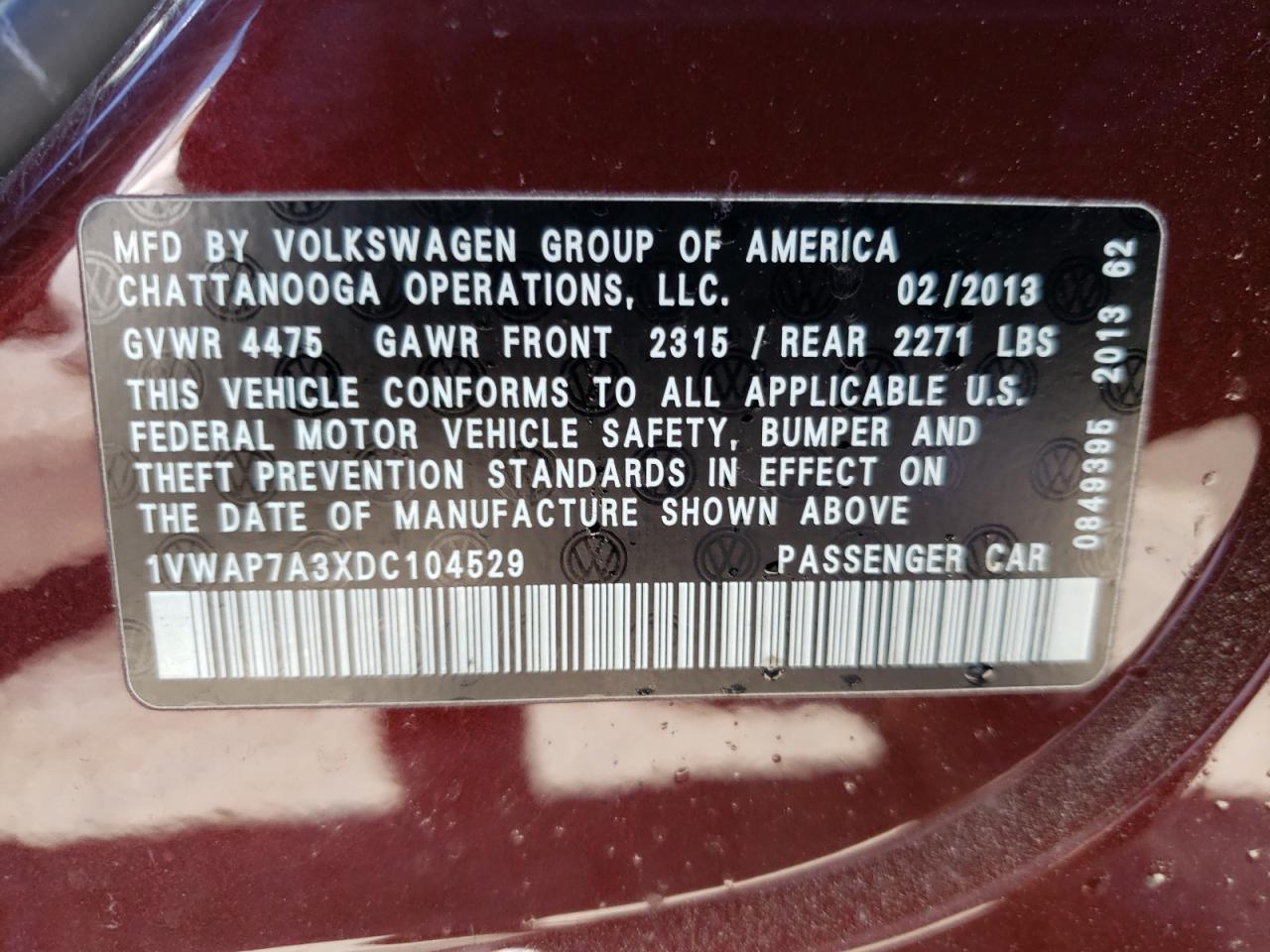 Photo 10 from auction – 2013 VOLKSWAGEN PASSAT S with VIN 1VWAP7A3XDC104529
