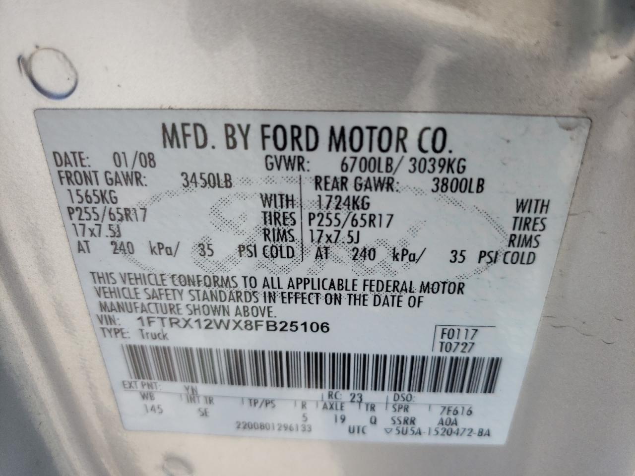 Photo 10 from auction – 2008 FORD F150 with VIN 1FTRX12WX8FB25106