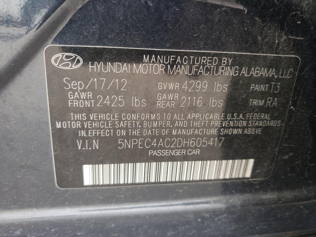 Photo 10 from auction – 2013 HYUNDAI SONATA SE with VIN 5NPEC4AC2DH605417