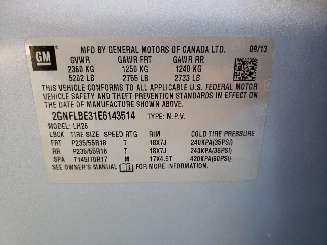 Photo 10 from auction – 2014 CHEVROLET EQUINOX LT with VIN 2GNFLBE31E6143514