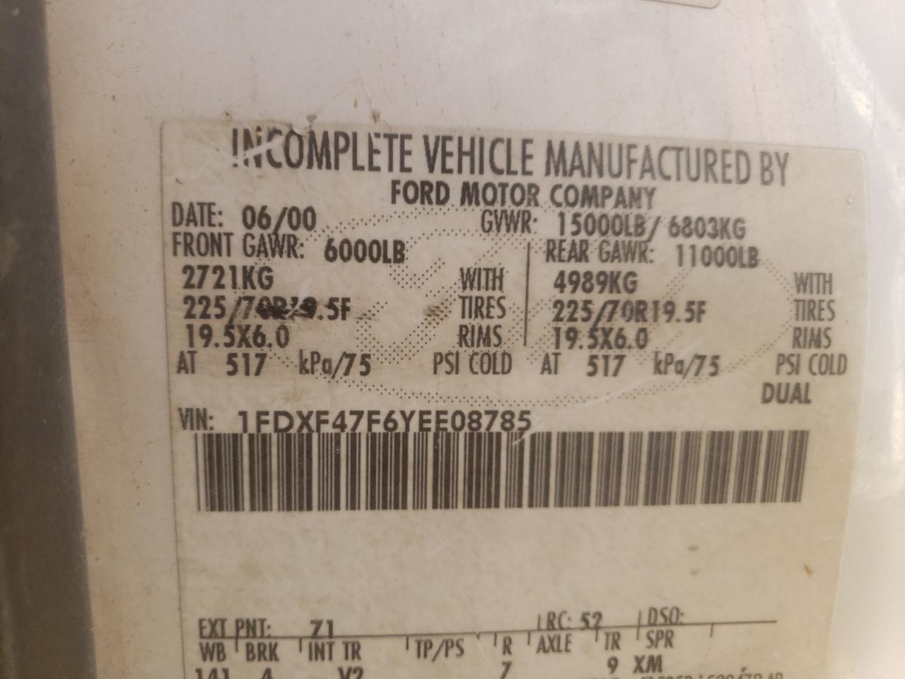 Photo 10 from auction – 2000 FORD F450 SUPER with VIN 1FDXF47F6YEE08785