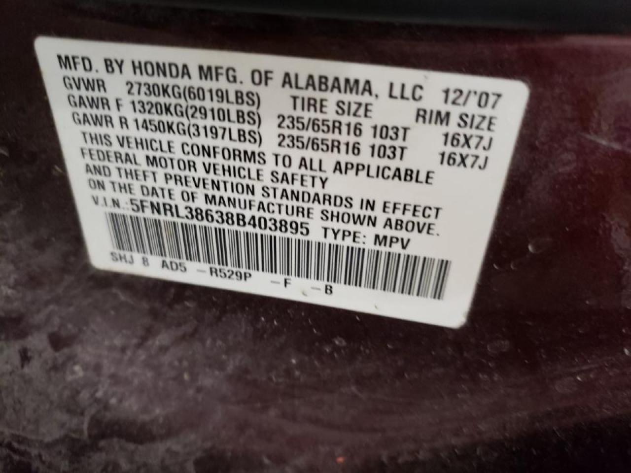 Photo 10 from auction – 2008 HONDA ODYSSEY EX with VIN 5FNRL38638B403895