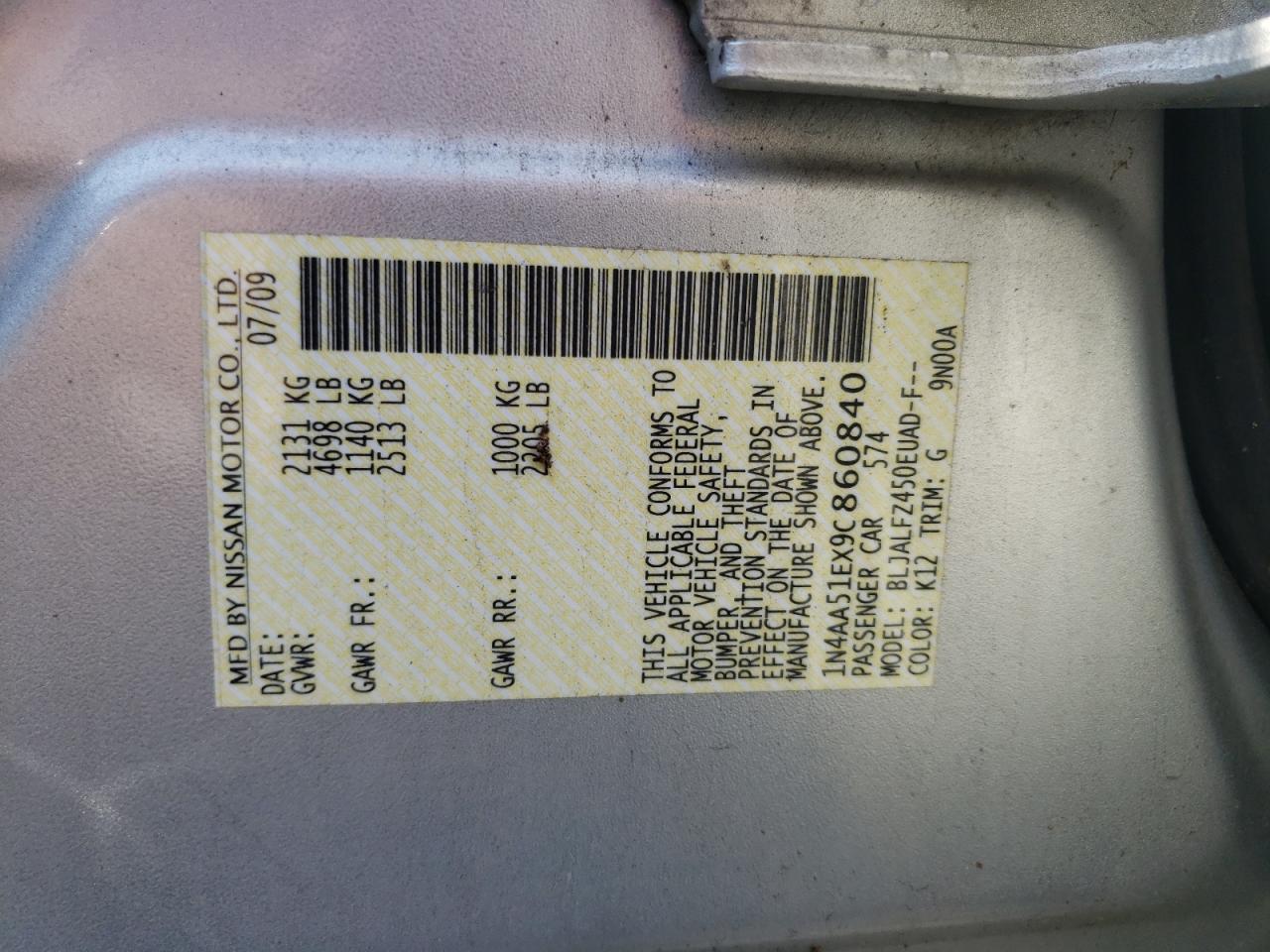 Photo 10 from auction – 2009 NISSAN MAXIMA S with VIN 1N4AA51EX9C860840
