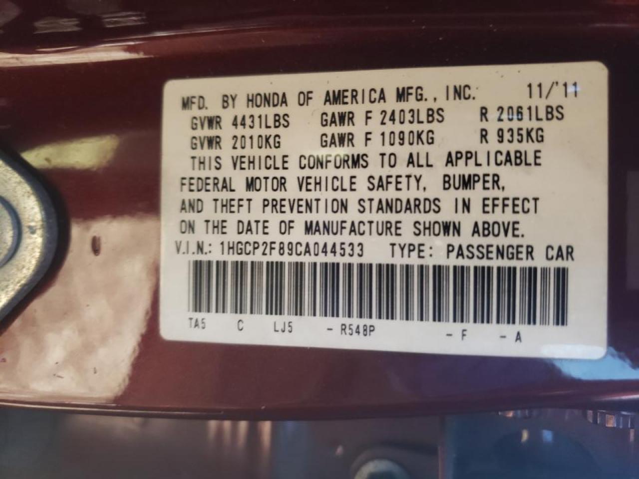 Photo 18 from auction – 2012 HONDA ACCORD EXL with VIN 1HGCP2F89CA044533