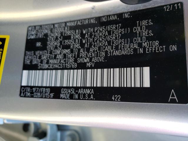 Photo 10 from auction – 2012 TOYOTA HIGHLANDER with VIN 5TDBK3EH4CS119769
